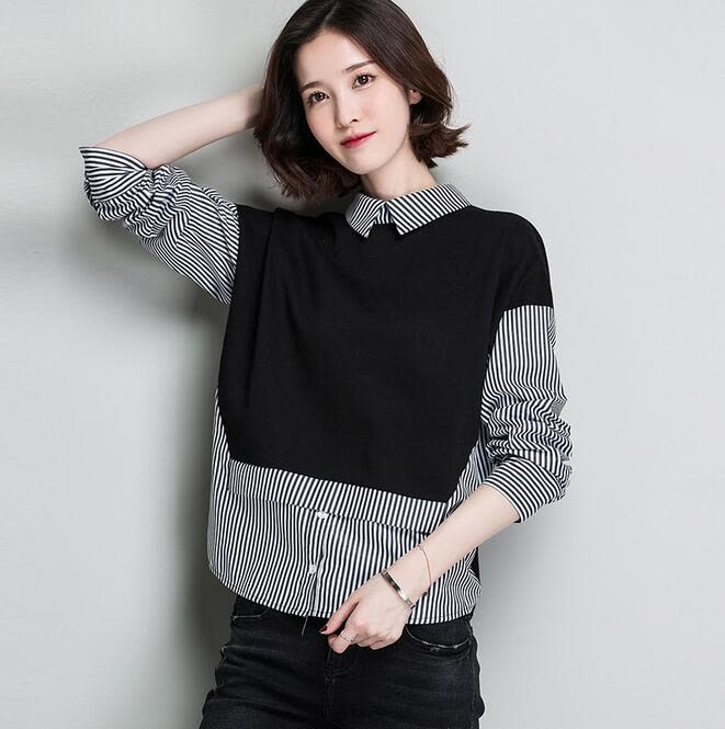 2017春装新款韩版拼接条纹撞色翻领女式衬衫